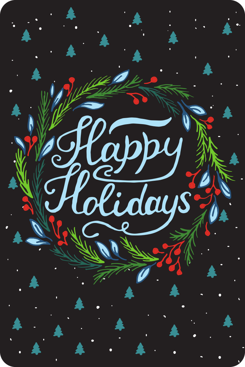 Postcard with a holly wreath and the words Happy Holidays