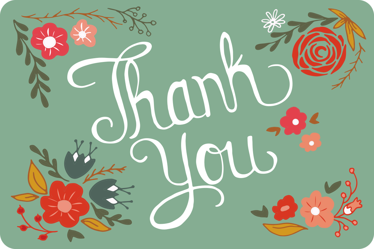 Thank You postcard in white script on green with red flowers
