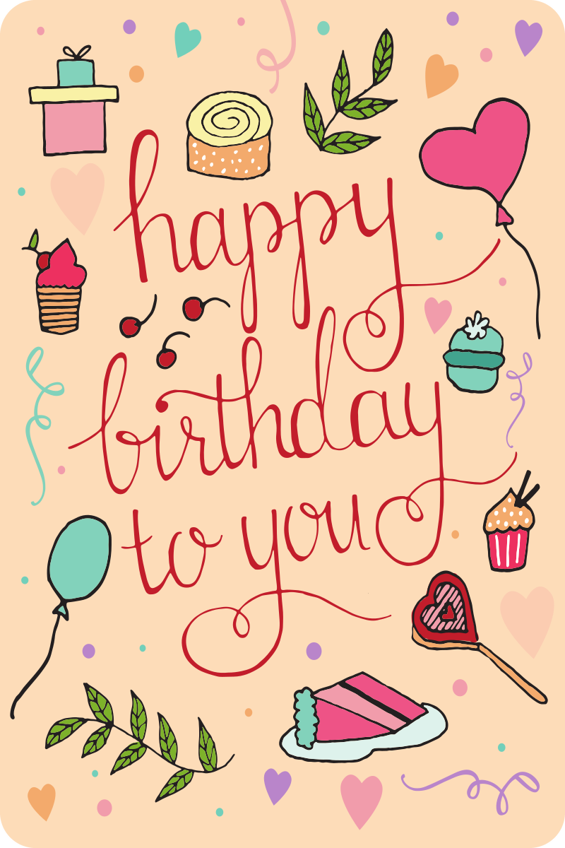 Happy Birthday to You postcard with balloons and sweets on peach