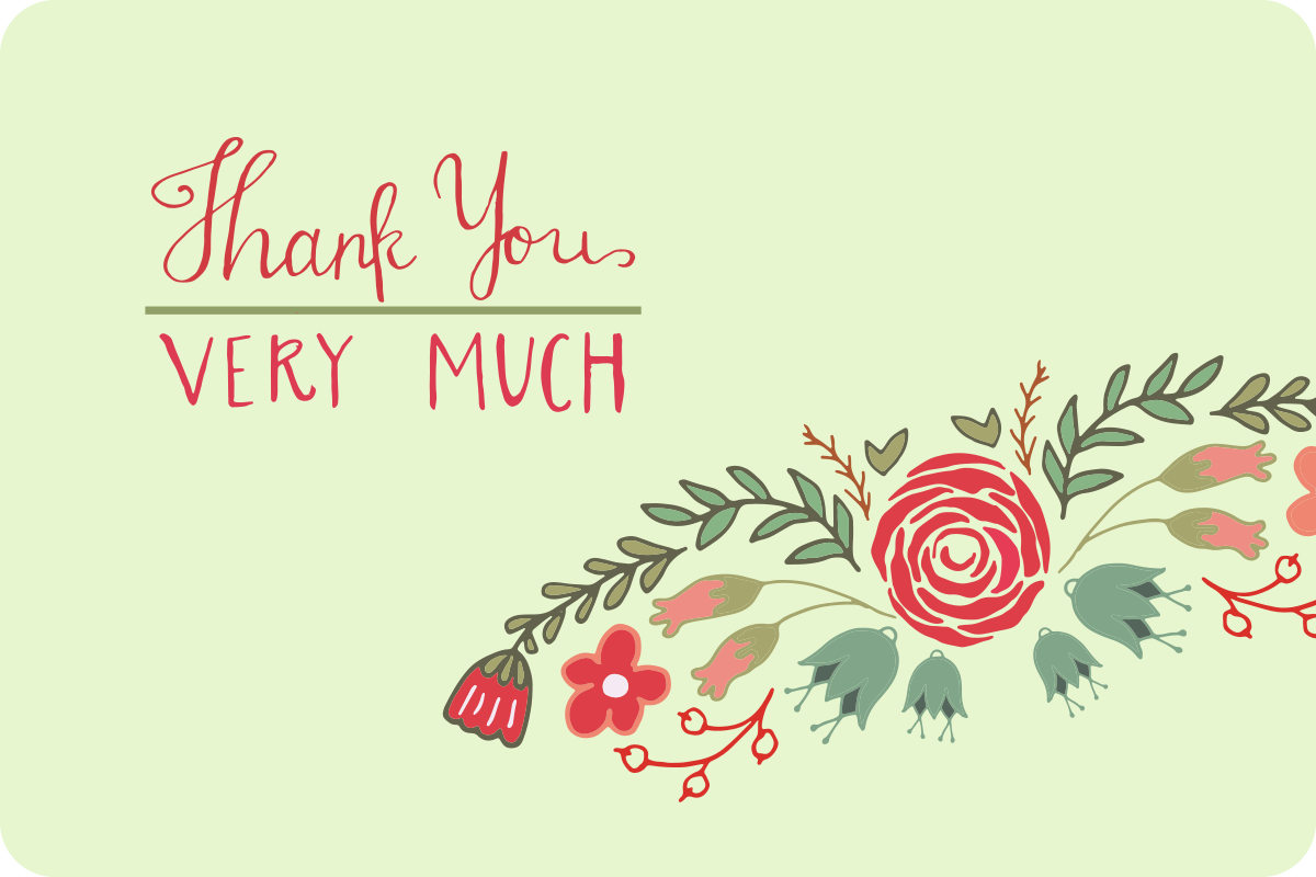 Thank You, Very Much postcard with a floral garland on pale green