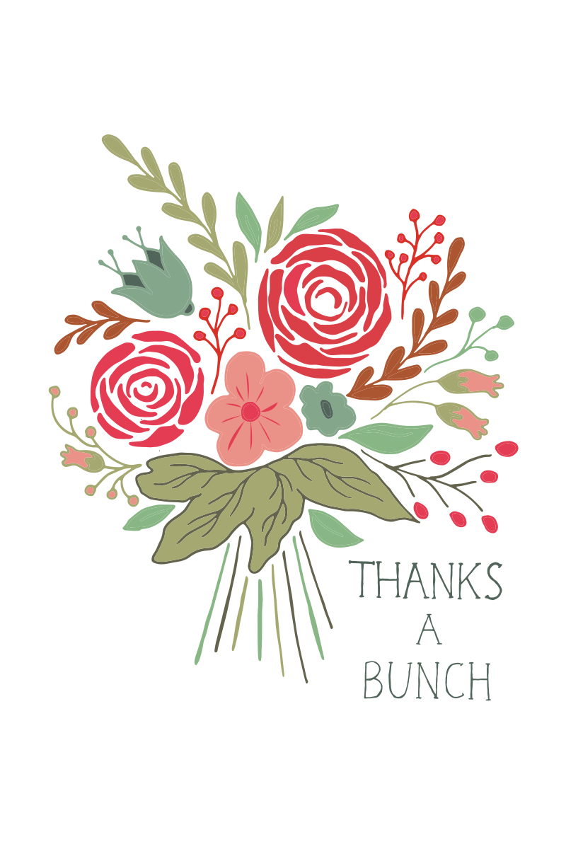 Thanks a Bunch postcard with a bouquet of red flowers