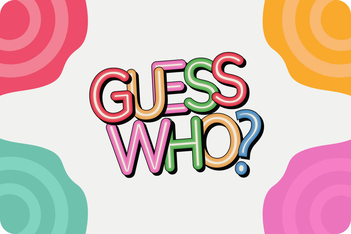 Guess Who? postcard with colorful swirls