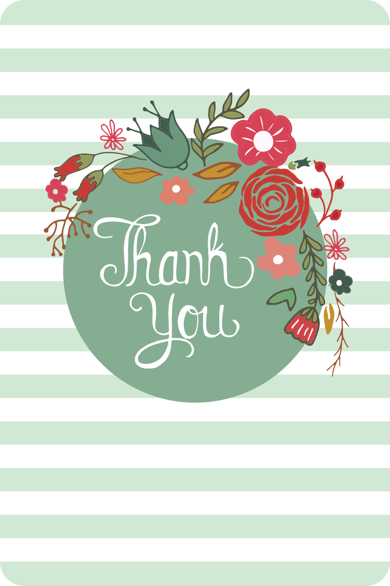 Thank You postcard with a floral wreath on green stripes