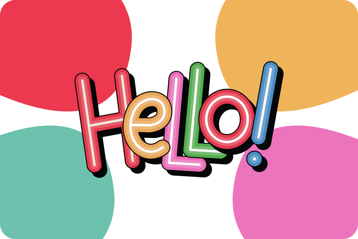 Hello! postcard with bright rainbow lettering