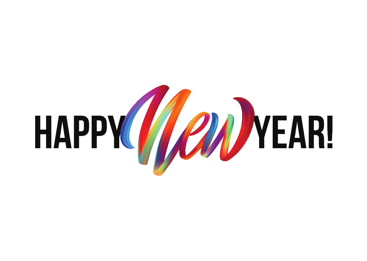 Happy New Year card with a colorful ribbon lettering