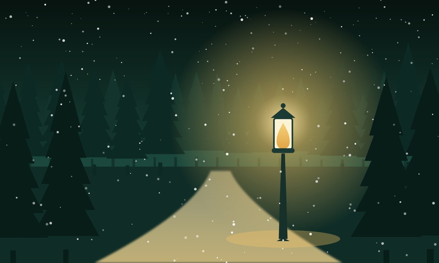 A glowing lantern on a quiet snowy lane in the woods at night